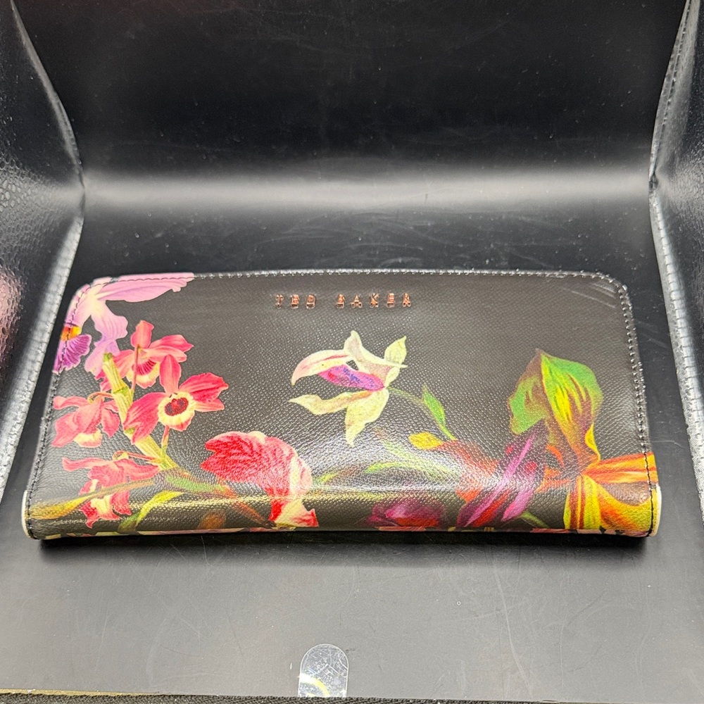 Ted Baker Black Wallet with Vibrant Floral Design (8”x4”)
